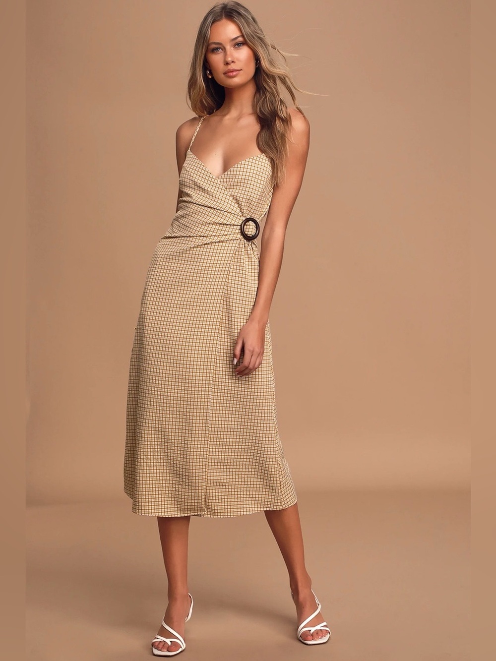 Lulus Sunshine On the Mind Mustard Yellow Gingham Wrap Midi Dress Large NWT
